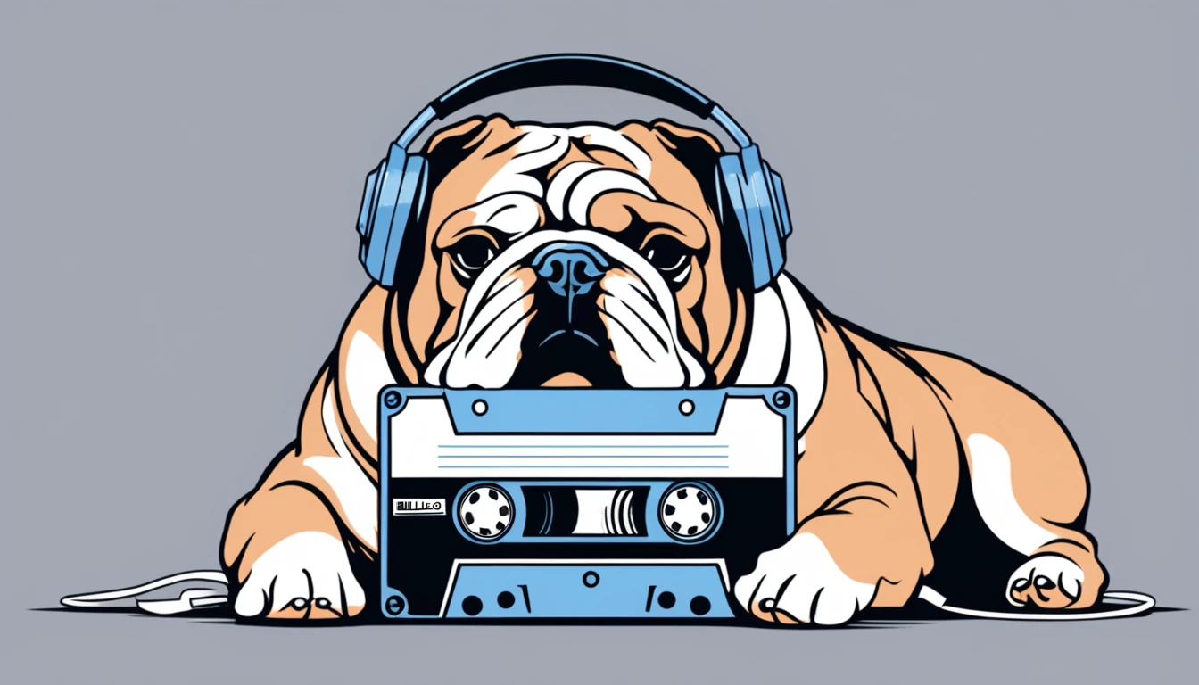The cassette tape placed at the front、Realistic cassette tape size、Cassette tape facing forward、bulldog、Lying down、Gray background、headphone