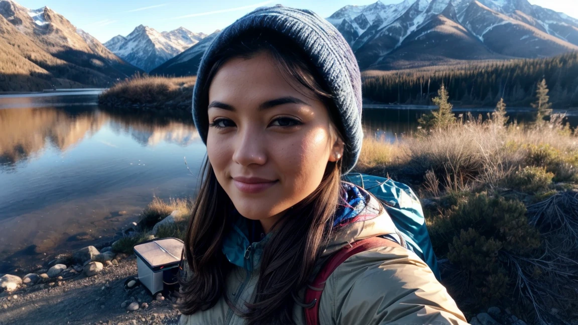 Veronica Cipher ((upper body selfie, happy)), masterpiece, Best quality, Ultra detailed bare chest, beautiful breasts, One, on open air, (night), mountains, nature, (stars, moon) cheerful, happy, backpack, sleeping bag, camp stove, water bottle, mountain boots, gloves, sweater, It has, flashlight, the forest, rocks, River, wood, smoke, shadows, contrast, clear sky, analog style (look at the viewer:1.2) (Skin texture) (Granularity:1.3), (warm shade, warm tone) :1.2), close-up, cinematic light, Side lighting, Ultra high resolution, best shadow, RAW, upper body, , wearing a Kodak Vision 3 pullover,