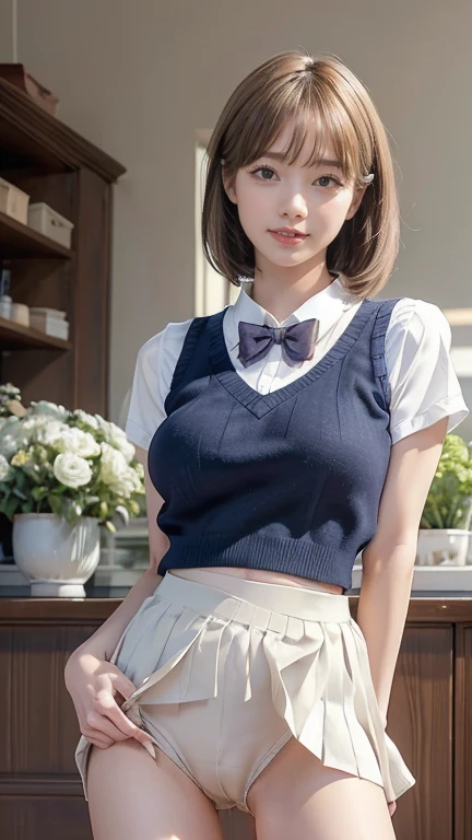 (masterpiece:1.2, Highest quality), (Realistic, photoRealistic:1.4), Beautiful illustrations, (Natural Side Lighting, Cinema Lighting), Written boundary depth, 
Looking at the audience, Front view, 1 Girl, English, high school girl, 20-year-old, Perfect Face, Symmetrical cute face, Shiny skin, Spread your legs,
(Bob Hair:1.7,blonde), Asymmetrical bangs, Big eyes, Droopy eyes, long eyelashes chest), thin, 
Beautiful Hair, Beautiful Face, Beautiful and beautiful eyes, Beautiful clavicle, Beautiful body, Beautiful breasts, Beautiful thighs, Beautiful legs, Beautiful fingers, 
((High quality fabric, Brown knitted vest, Short sleeve white collar shirt, Navy Pleated Skirt, Navy bow tie)), 
(Beautiful views), evening, (Inside the flower shop), squat,Wide-open legs, (smile, wonderful, Open your mouth),  (((Skirt flip, No pants, Genitals are visible))), Full Body Shot, Dark blue socks, Sexy Face, Inverted nipples,