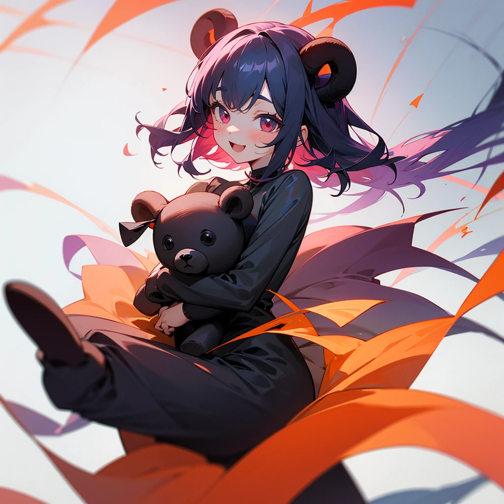 high resolution、A cute young demon girl。It has horns.、I'm cheerful and frolicking。
Holding a black teddy bear