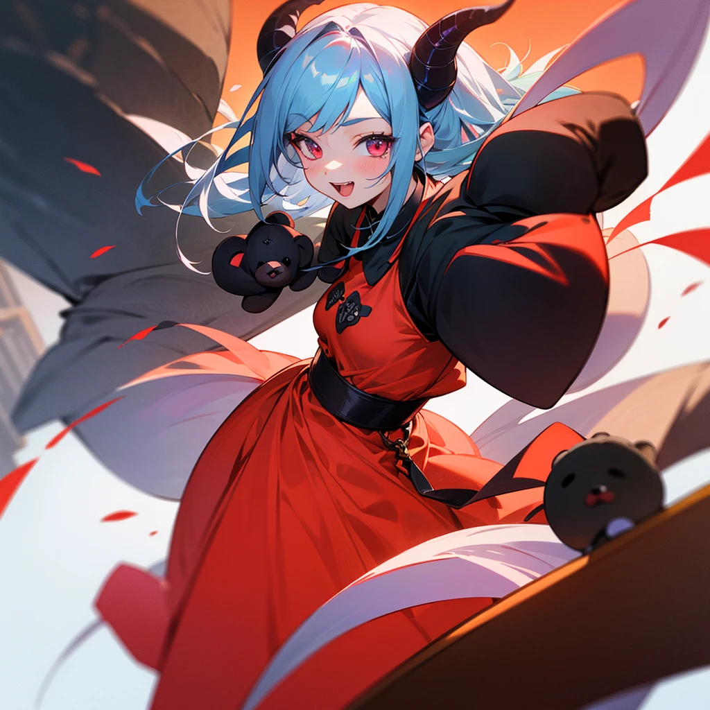 high resolution、A cute young demon girl。It has horns.、I'm cheerful and frolicking。
Holding a black teddy bear