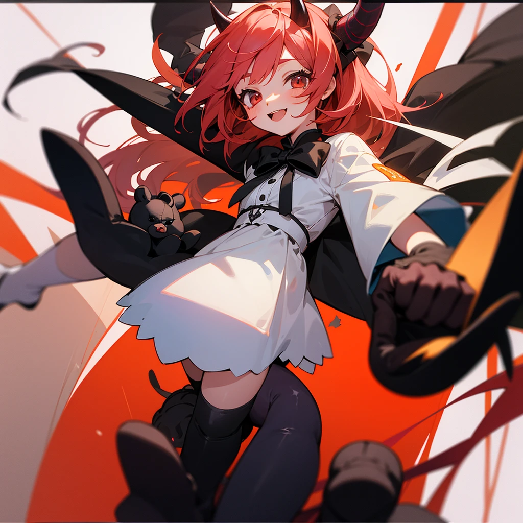 high resolution、A cute young demon girl。It has horns.、I'm cheerful and frolicking。
Holding a black teddy bear