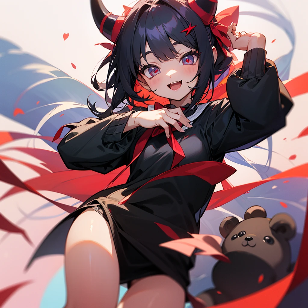 high resolution、A cute young demon girl。It has horns.、I'm cheerful and frolicking。
Holding a black teddy bear