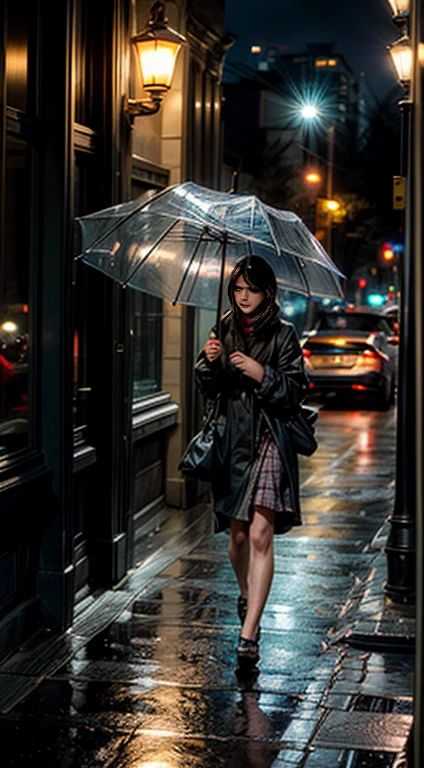 /imagine "A rainy scene viewed through a window with raindrops streaming down the glass. A cozy room with muted lighting, soft furnishings, and a steaming cup of tea on a nearby table. Outside, a cityscape with buildings in the distance, street lights reflecting off the wet pavement, people walking with umbrellas, and cars passing by, leaving light trails. Warm, inviting light from a lamp, evoking a sense of calm and relaxation."
