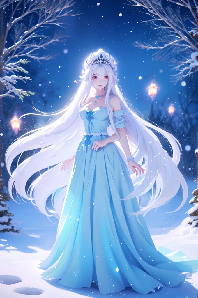 Anime girl with long white hair and a blue dress in the snow., white hair deity, white hair floating in the air, anime fantasy illustration, flowing white hair, beautiful young wind spirit, beautiful fantasy anime, loose and shiny hair, ethereal anime, beautiful anime illustrations, Beautiful digital artwork, anime fantasy illustrations, ((a beautiful fantasy empress)), 2. 5 d cgi anime fantasy illustrations