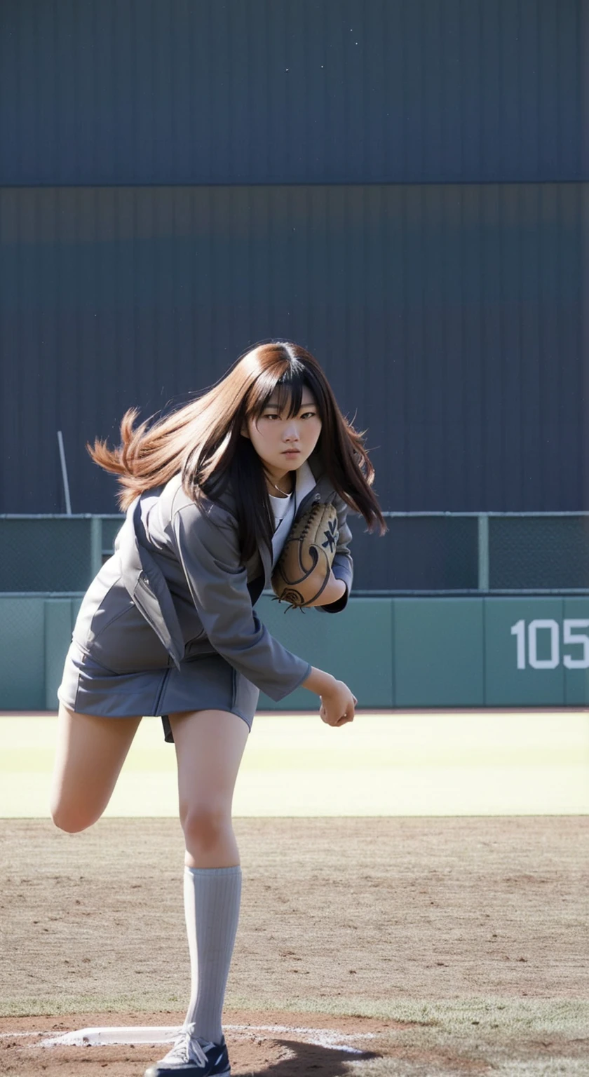 araffe woman in a grey jacket throwing a baseball on a field, hinata hyuga, shiori teshirogi, close up iwakura lain, misato katsuragi, tsubasa nakai's style, kotegawa yui, ayaka cosplay, japanese girl , akikazu mizuno, anime girl in real life