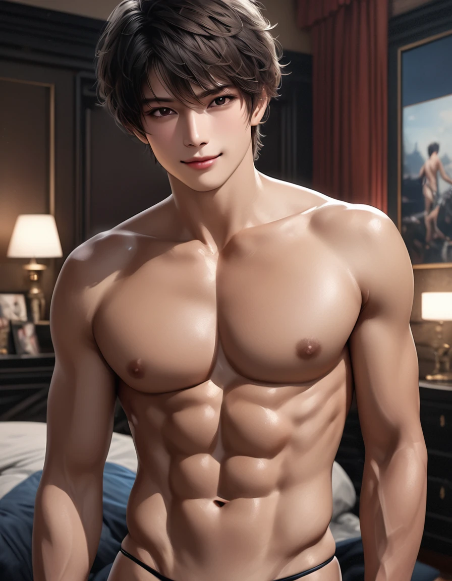 high quality, detailed, Realistic,(2boys:1.5), ( tanned japanese idol boys), (detailed black eyes), (black short hair), (abs), (tanned dark brown skin), night palace bedroom, (black tiny thong), (bulge), (detailed nipples), detailed areola,best quality,4k,8k,highres,masterpiece:1.2),ultra-detailed,(realistic,photorealistic,photo-realistic:1.37), looking at viewer,smirk,face close up, --no watch,