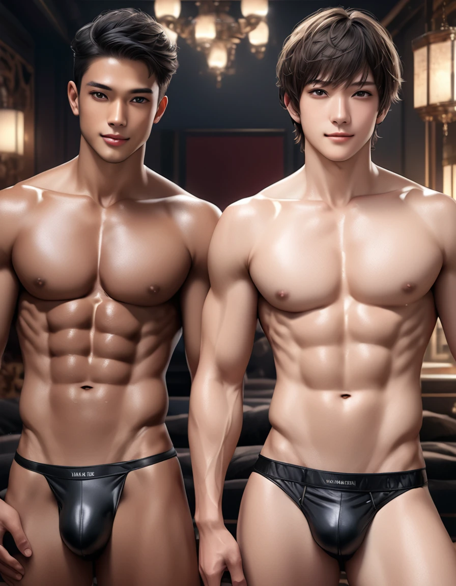 high quality, detailed, Realistic,(2boys:1.5), ( tanned japanese idol boys), (detailed black eyes), (black short hair), (abs), (tanned dark brown skin), night palace bedroom, (black tiny thong), (bulge), (detailed nipples), detailed areola,best quality,4k,8k,highres,masterpiece:1.2),ultra-detailed,(realistic,photorealistic,photo-realistic:1.37), looking at viewer,smirk,face close up, --no watch,