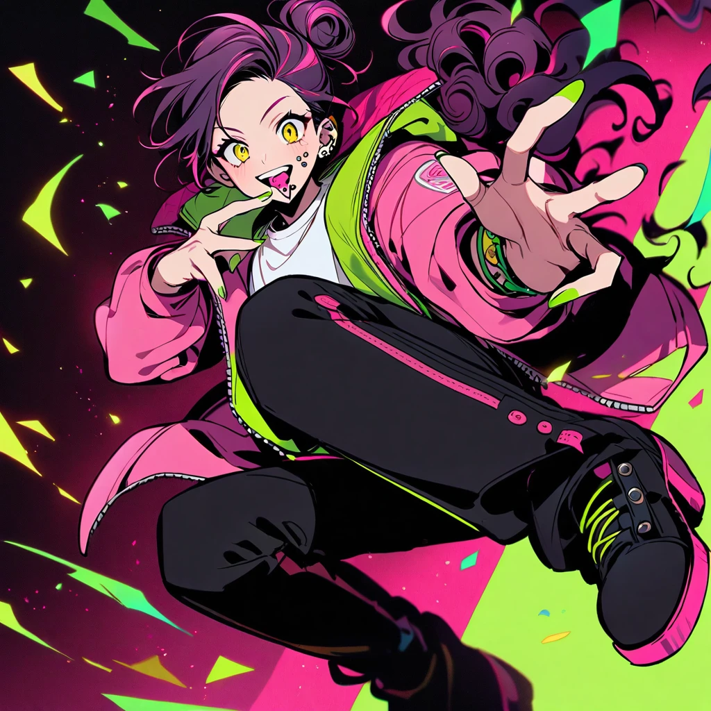 (well done: 1) man, dark pink long curly hair tied in a bun, yellow eyes, mouth piercing, green bracelet, green nails, white t-shirt with a symbol in the middle, pink jacket, black pants, high boots.