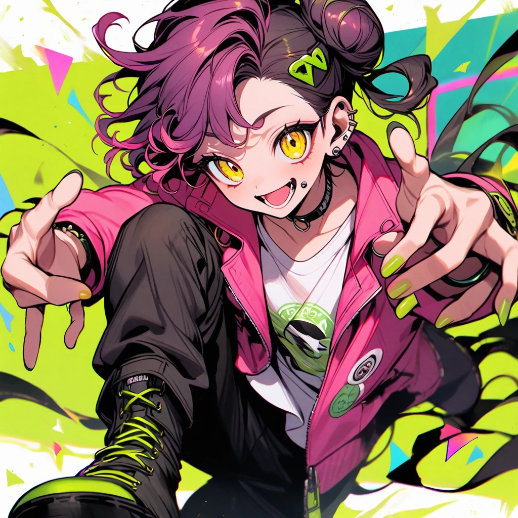 (well done: 1) man, dark pink long curly hair tied in a bun, yellow eyes, mouth piercing, green bracelet, green nails, white t-shirt with a symbol in the middle, pink jacket, black pants, high boots.