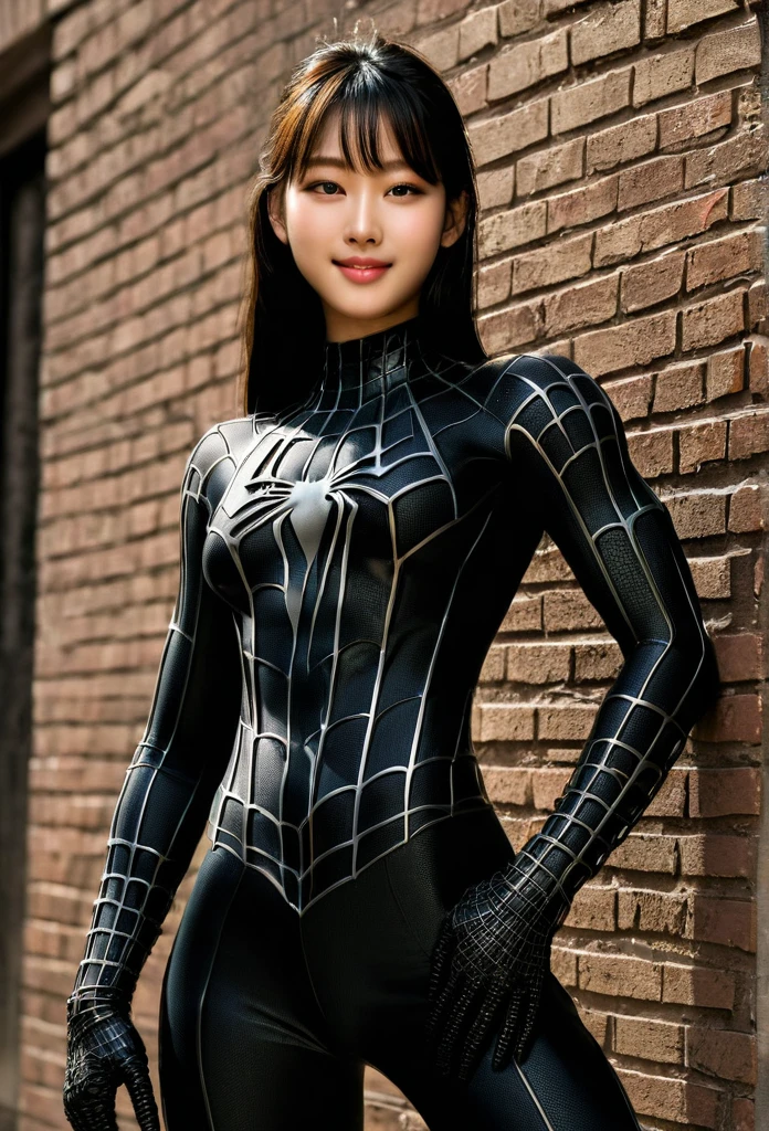 score_9, score_8_up, score_7_up, best quality, realistic, masterpiece, beautiful detail, hyperrealistic, (1girl, woman body, muscular girl, large breast, smile), amazing detailed full body portrait of a beautiful ulzzang girl, wearing a realistic and highly detailed black raimi spider-man suit, ((huge muscular girl)), professional model wears ultra - detailed black raimi spider - man suit, ultra - detailed and grained black raimi spiderman suit, suit covered entire body and hand, black spiderman gloves, wet, (spider pose), (full body), (dirty skin), close up, octane render, highly detailed, volumetric, dramatic lighting, (highest quality:1.1), (HDR:1.3), (top quality, best quality), realistic, high definition,