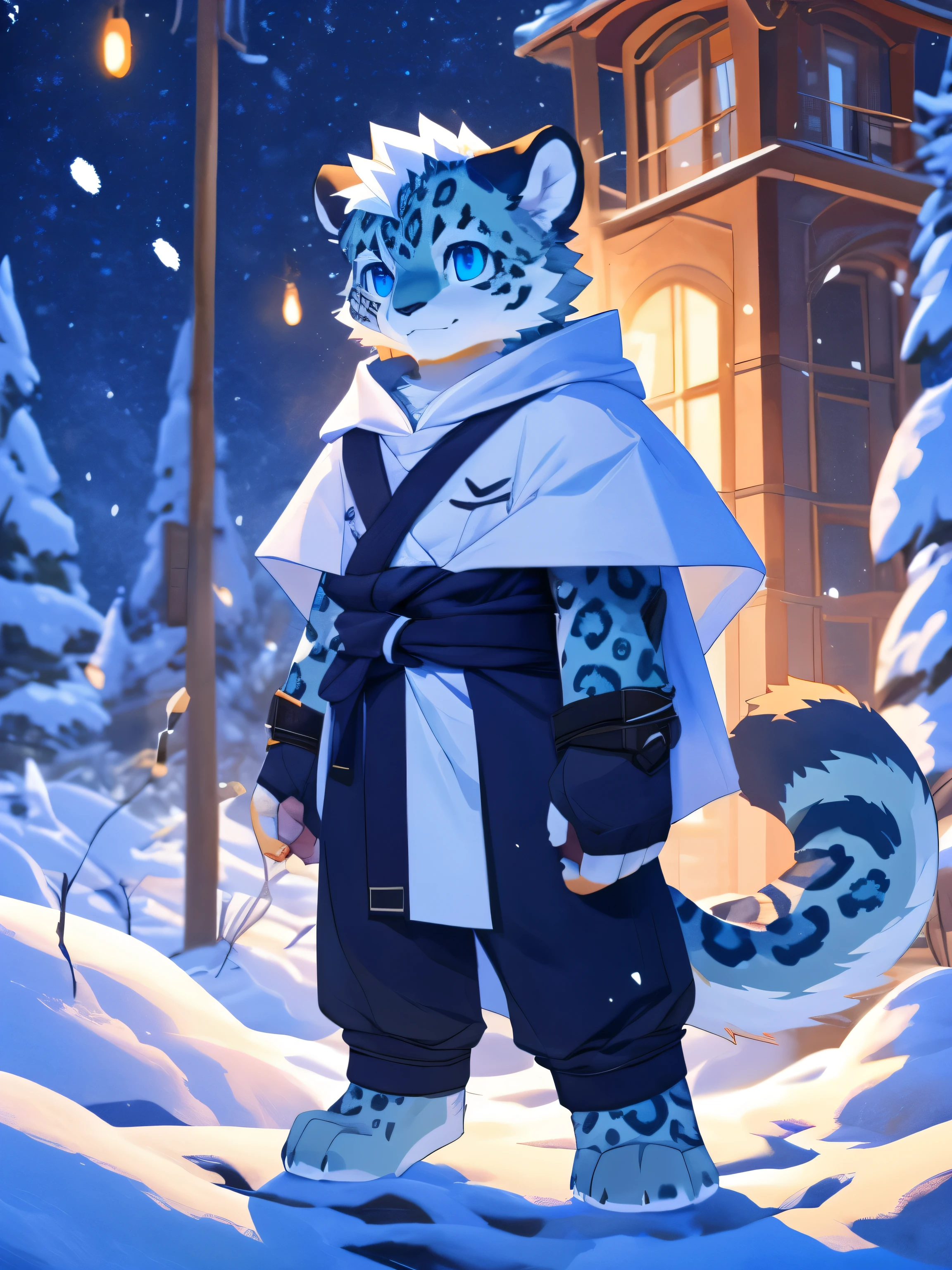 nj5furry,kemono,full-length portrait,anthro,hi res,male,juvenile,snow leopard,warrior,strong,White hair,White clothes,White cape,snow leopard,Fluffy hair,White plush paw,A tail,Fingerless gloves,Blue Eyes,Delicate eyes,Detailed eyes
