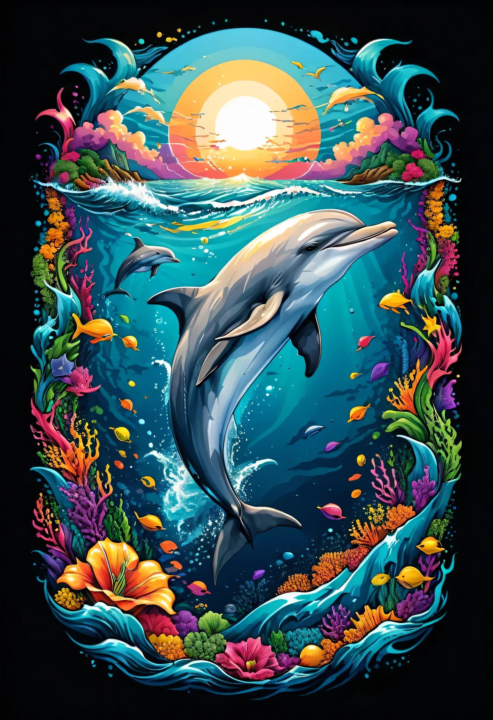 Vector art for t-shirt with a colorful illustration of a dolphin in the middle of the sea, ultra HD, High detail at 32k, background with black border (work of art, best qualityer, proffesional, perfect composition, very aesthetic, absurdrez, super verbose, details Intricate:1.3), t-shirt designs