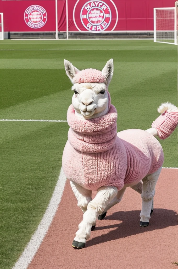 create a cute pink alpaca mascot wearing the uniform of the Bayern Munich soccer team