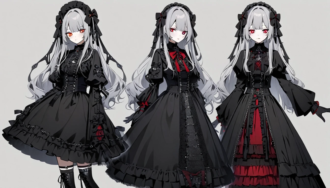 Teen Girl Characters。gray hair color、Glowing red eyes、Long Hair、There is a mole under the left eye。Without background、Depict people only。Gothic Lolita Fashion