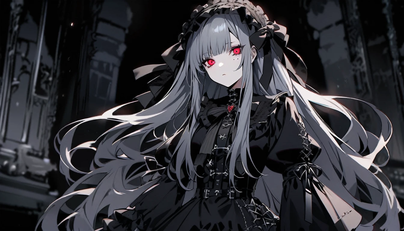 Characters。gray hair color、Glowing red eyes、Long Hair、There is a mole under the left eye。Without background、Depict people only。Gothic Lolita Fashion