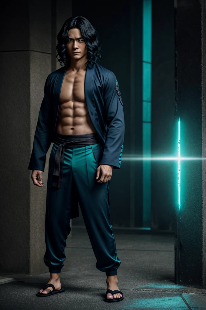 Sorcerer a pinkhightlightbluehair men, wearing a , fasion hair, fasion hair, slim body, hood, hakama, men, handsome face, tall 187cm, 21yearold, male, Secret,  magicbook, red eyes, villianface