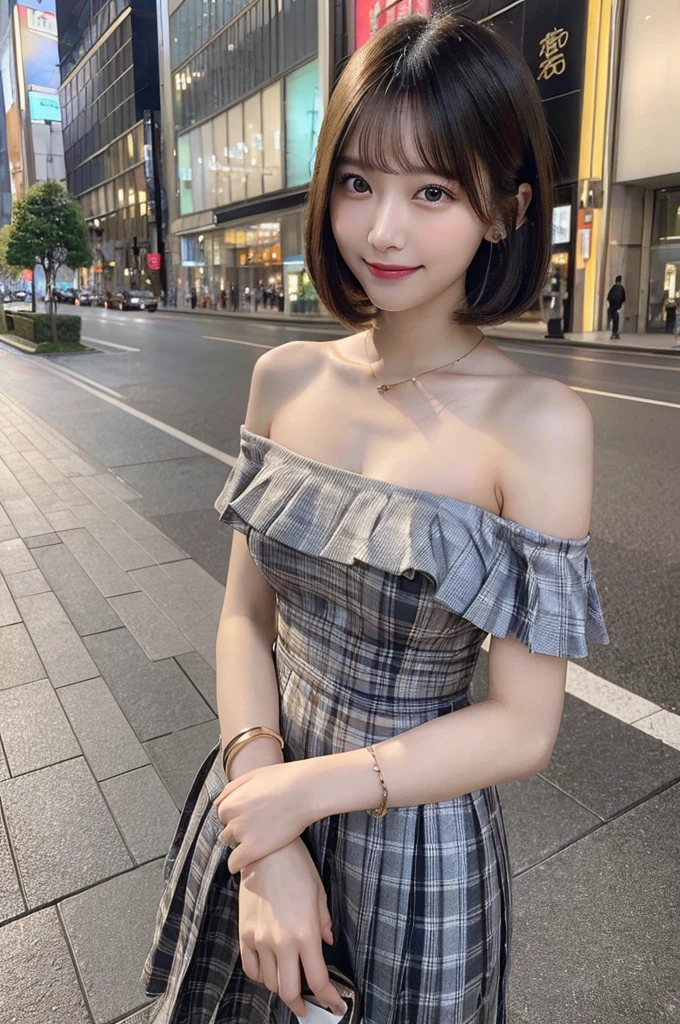 (8k, RAW photo, top quality, masterpiece: 1.2), (realistic, photorealistic: 1.37), three-dimensional, ultra detail, ultra high resolution, beautiful detailed face, one girl, beholder, constriction, slim waist, beautiful detailed skin, skin texture, floating hair, professional lighting, (Japanese beautiful and cute girl:1.2), long hair, bob cut, beautiful hair, 20 years old, attractive breasts, (round breasts:1.2), (huge breasts:1.2), look at viewer, full body, in the city sidewalk, (smiles:1.1), bracelet, earing, necklace, (fancy dress, off-shoulder dress, sleeveless dress, pleated dress),