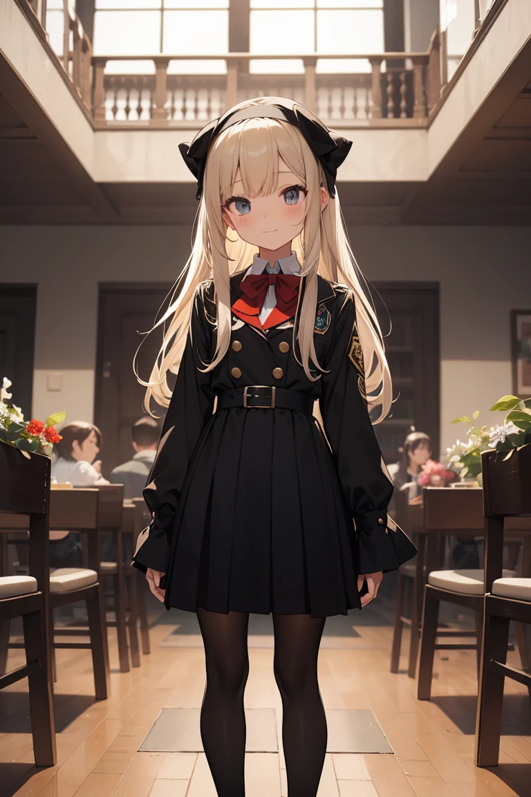 ((4K、8K、quality、Perfect Finger: 1.Perfect anatomy: 1.3、The background is blurred out))、(Transform the sequence)、((a beautiful slender girl、Shy Laughter、Cute big droopy eyes、Long straight hair with sides facing up、12year old girl、Small bust uniform tights、longer sleeves、Ornately decorated headband))、(high legs)、Permanent、Full body depiction、wide wide shot、In the noble hall、