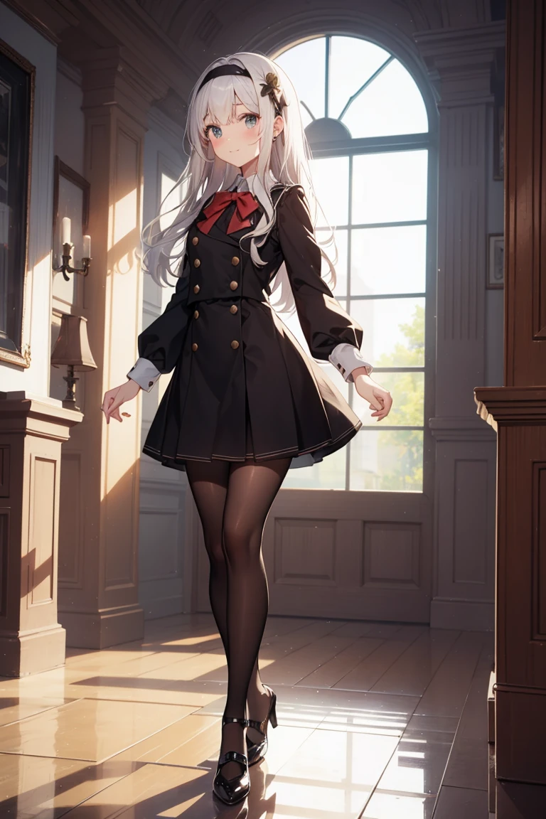 ((4K、8K、quality、Perfect Finger: 1.Perfect anatomy: 1.3、The background is blurred out))、(Transform the sequence)、((a beautiful slender girl、Shy Laughter、Cute big droopy eyes、Long straight hair with sides facing up、ar old girl、Small bust uniform tights、longer sleeves、Ornately decorated headband))、(high legs)、Permanent、Full body depiction、wide wide shot、In the noble hall、