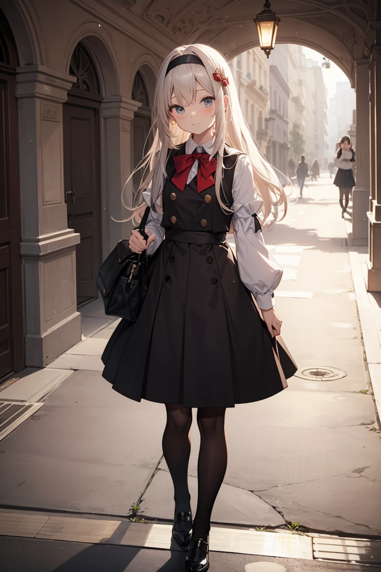 ((4K、8K、quality、Perfect Finger: 1.Perfect anatomy: 1.3、The background is blurred out))、(Transform the sequence)、((a beautiful slender girl、Shy Laughter、Cute big droopy eyes、Long straight hair with sides facing up、12year old girl、Small bust uniform tights、longer sleeves、Ornately decorated headband))、(high legs)、Permanent、Full body depiction、wide wide shot、In the noble hall、