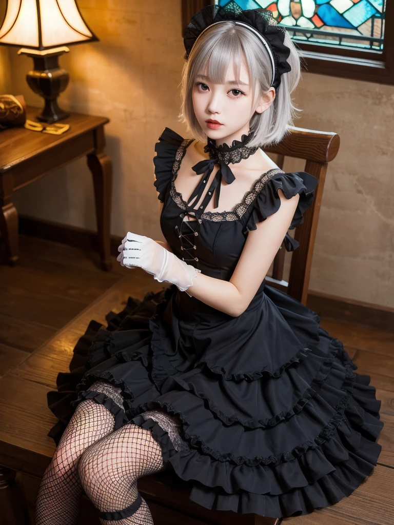 (8K, Photorealistic, Raw photo, Highest quality: 1.4),Japanese idol-style beautiful girl,model,1 person,18-year-old,(Short Bob),(Silver Hair :1.1),She has her hair tucked behind her ears,Headband,Clear grey eyes,Long eyelashes,(piercings(small)),(Pale, lifeless skin(Foundation)),(Lip gloss(Deep vermilion :1.1)),thin long neck,Large Breasts,(Lace gloves),(gothic lolita dress(Frills,Puffy long skirt :1.1)),(layer),(Fishnet tights),(Lolita Shoes),Sitting in a chair,(Legs are V-shaped),(Background of a room with heavy Gothic-style stone stained glass),Full body portrait