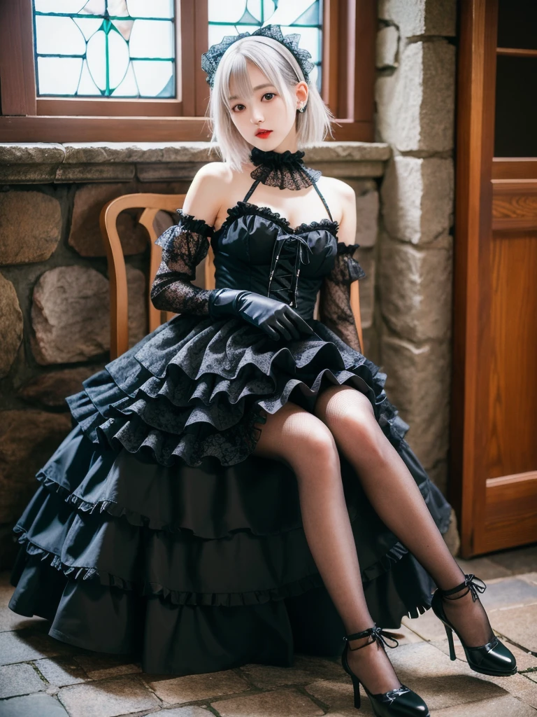 (8K, Photorealistic, Raw photo, Highest quality: 1.4),Japanese idol-style beautiful girl,model,1 person,18-year-old,(Short Bob),(Silver Hair :1.1),She has her hair tucked behind her ears,Headband,Clear grey eyes,Long eyelashes,(piercings(small)),(Pale, lifeless skin(Foundation)),(Lip gloss(Deep vermilion :1.1)),thin long neck,Large Breasts,(Lace gloves),(gothic lolita dress(Frills,Puffy long skirt :1.1)),(layer),(Fishnet tights),(Lolita Shoes),Sitting in a chair,(Legs are V-shaped),(Background of a room with heavy Gothic-style stone stained glass),Full body portrait