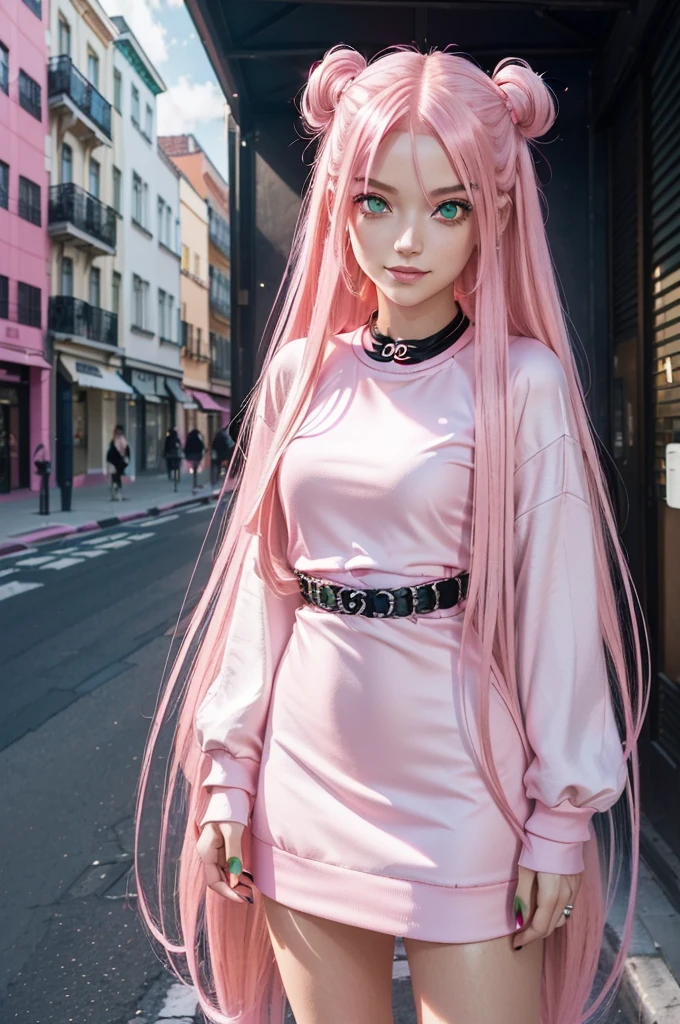 (street snap, Wearing CHANEL and looking happy. )(((masutepiece))) fullllbody(1 girl)((Pink hair, Long hair,Straight hair,two side up)) (Green eyes),eyeshadows, eye line,gloweyes, ultradetailed eyes, intricate eyes, Beautiful eyes, ((Glowing pink pupils))a 18 year old girl, 