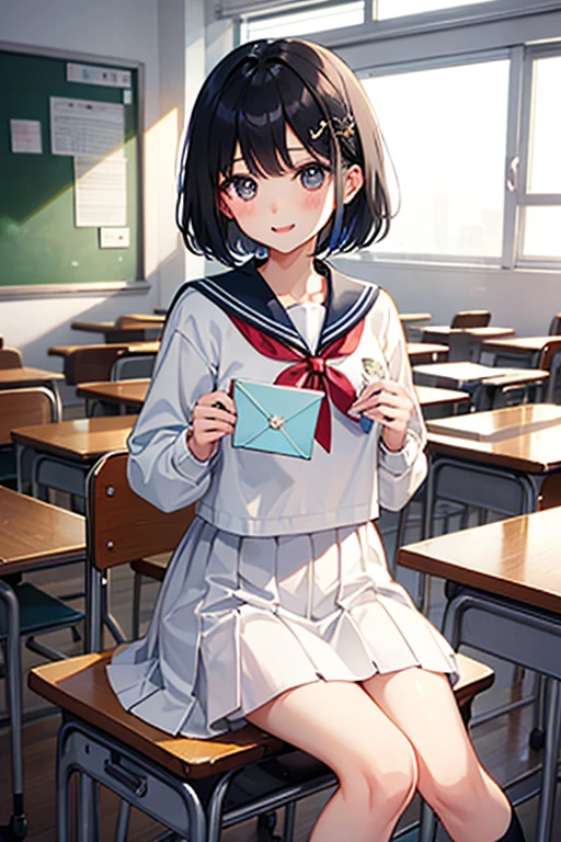 Highest quality、Black Hair、Iris、short hair、girl、cute、、、Small hair ornament、1 person、Sailor suit、classroom、Love Letter、throw、Super detailed
