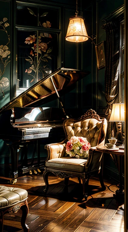 /imagine "A retro room with a vintage piano, an old, wooden piano with intricate carvings and a slightly worn but elegant look. Vintage wallpaper and wooden floors, dim warm lighting from antique lamps, old photographs and paintings on the walls, a cozy armchair or a vintage sofa. A gramophone or vinyl records, an old book or sheet music on the piano, and a vase with fresh flowers. A sense of nostalgia and warmth, a quiet peaceful ambiance, and light beams filtering through curtains."