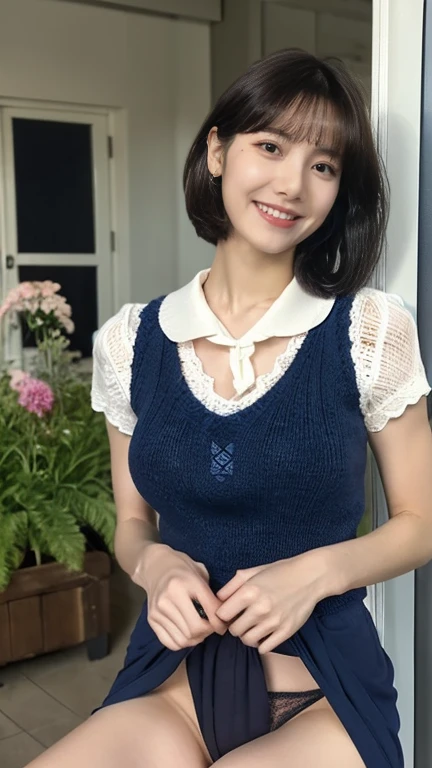 (masterpiece:1.2, Highest quality), (Realistic, photoRealistic:1.4), Beautiful illustrations, (Natural Side Lighting, Cinema Lighting), Written boundary depth,
Looking at the audience, Front view, 1 Girl, English, high school girl, 20-year-old, Perfect Face, Symmetrical cute face, Shiny skin, Spread your legs,
(Bob Hair:1.7,blonde), Asymmetrical bangs, Big eyes, Droopy eyes, long eyelashes chest), thin,
Beautiful Hair, Beautiful Face, Beautiful and beautiful eyes, Beautiful clavicle, Beautiful body, Beautiful breasts, Beautiful thighs, Beautiful legs, Beautiful fingers,
((High quality fabric, Brown knitted vest, Short sleeve white collar shirt, Navy Pleated Skirt, Navy bow tie)),
(Beautiful views), evening, (Inside the flower shop), squat,Wide-open legs, (smile, wonderful, Open your mouth), (((Skirt flip, No pants, Genitals are visible))), Full Body Shot, Dark blue socks, Sexy Face, Inverted nipples,