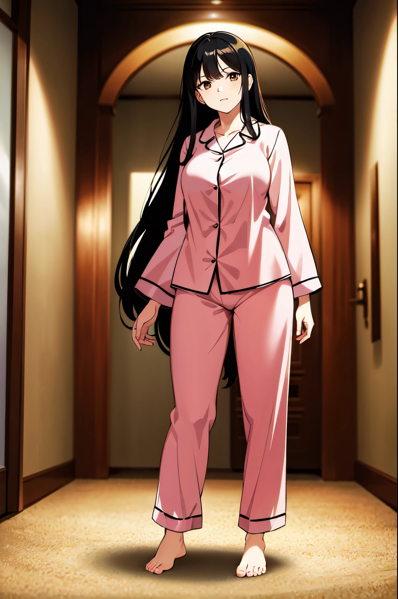 masterpiece, 32k, extremely detailed, finely detail, intricate details,
BREAK
(absurdres:1.1, highres:1.1, ultra detailed:1.1),
insanely detailed, absurdres,
(high resolution:1.1, ray tracing:1.1, refraction:1.1)
(1 female, 独奏:1.3),
BREAK
perfect symmetrical face, Black Hair, long hair, (((pajamas)))
BREAK
(((full body))), standing,
BREAK