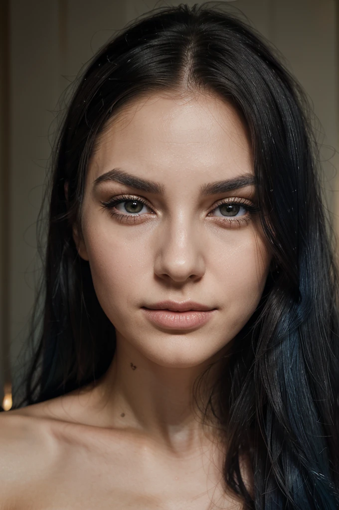 A girl with long blue hair. Her face is exquisite, with high cheekbones and smooth fair skin. Her large black eyes, framed by long thick eyelashes, are impressive and expressive, radiating calmness and confidence. Well-defined eyebrows curve gracefully above her eyes, adding intensity to her gaze. She has a small, straight nose and full, slightly parted lips that curve into a slight smile, revealing hints of mischief and allure. queen of harts. melancholic and morbid