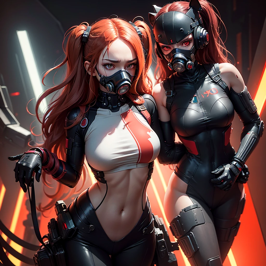 1 piece lonely girl with a mask respirator gas mask on half her face fur half cyborg stands half sideways in a half turn she has a chic figure and big hips she has rich red long hair and red eyes and a black android suit with red elements dark background image cyberpunk mechanisms and red lights dark background space red planets 