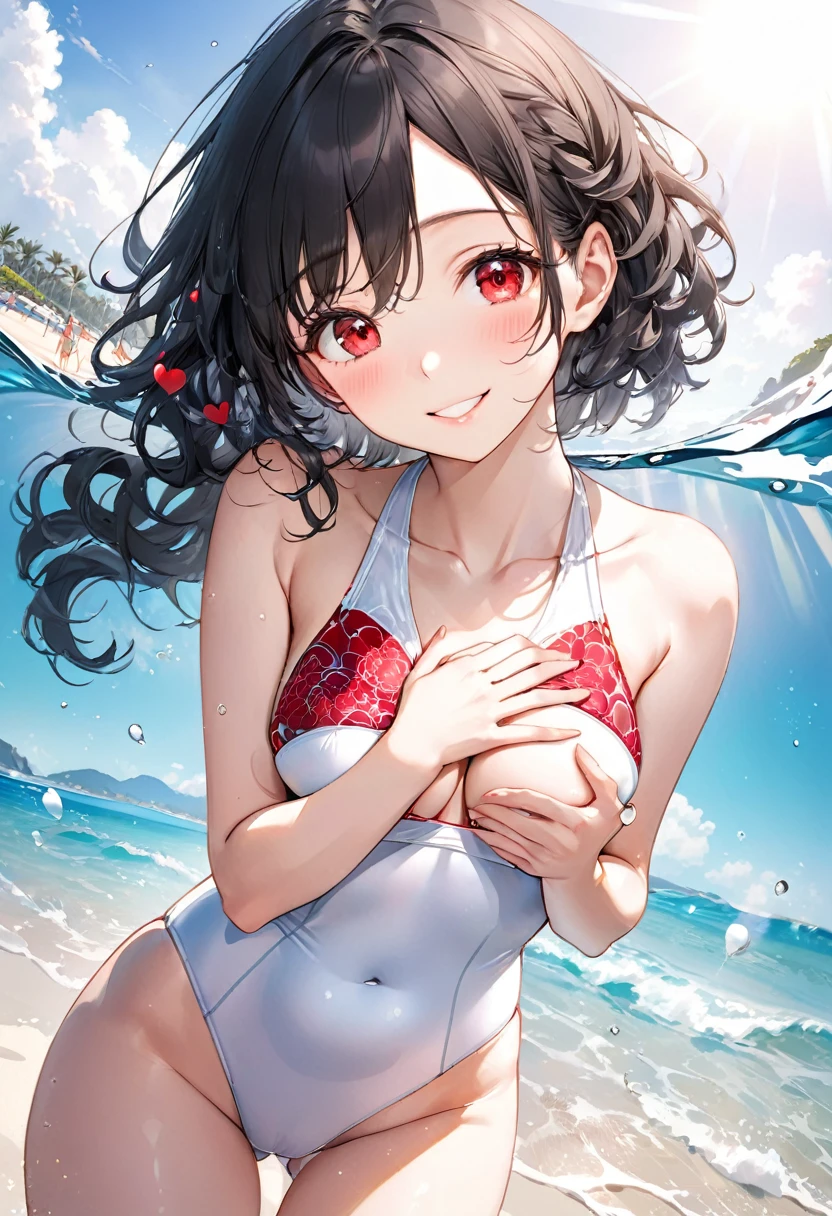 (pov swimsuit style) (beautiful body), (solo:2, 15 yo, curly:1.3 black hair long hair lovely girl, cute red eyes, love smile), (hands put on tits, in a cute white one piece swimsuit), break, in the sunshine beach, background Double Exposure beautiful ocean, BREAK, perfect anatomy, masterpiece, best quality, 16k, beautiful detailed love, sexy, daydreaming expression.