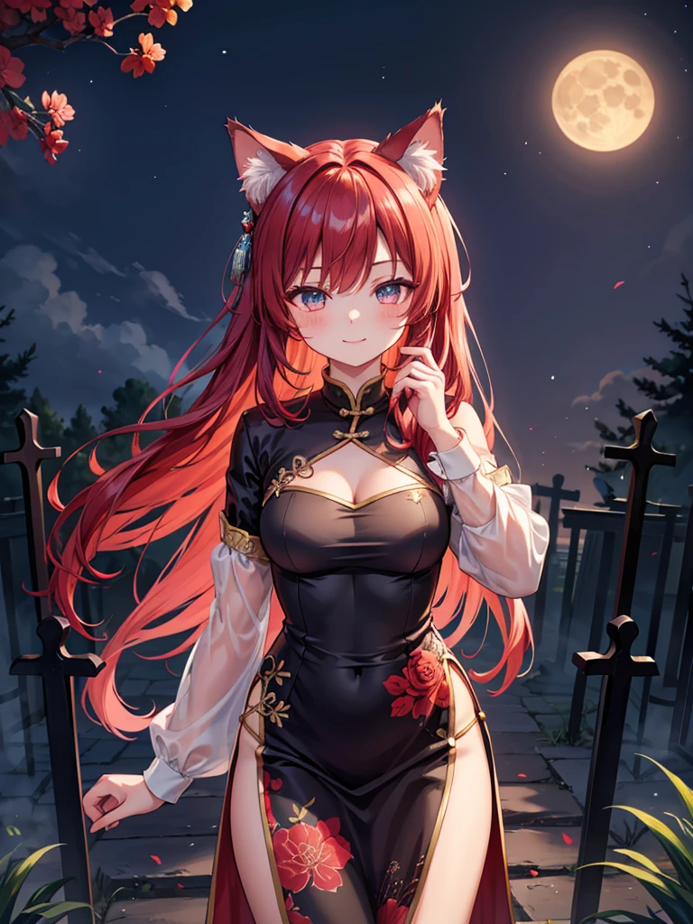 solo woman, kitsune woman (red skin), (blue eyes), fox ears (red ears), long hair, inner hair, (red hair), fox tail, (red tail), shy face, light smile, (purple and black clothes), QIPAO dress whit flounce,