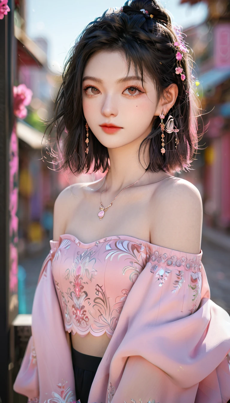 ((Extremely detailed)),(Extremely detailed), Extremely detailed CG unity 8k wallpaper,best quality, masterpiece, emilie_Q8, Off-shoulder, Pink cropped top,