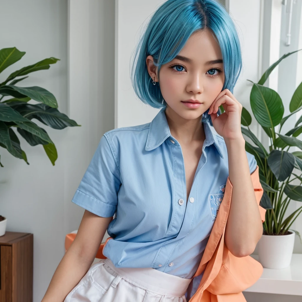 8k,best quality,ultra high res,beautiful,sfw, realistic,1 girl,young girl,perfect breasts,blue hair,short hair, short hair,kitchen room, white shirt,black skirt, standing, (ultra_hd, hd, hdr, 8k,best quality,high quality), <lora:add_detail:0.3>, hyperdetailed background,