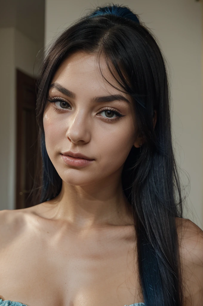 A girl with long blue hair. Her face is exquisite, with high cheekbones and smooth fair skin. Her large black eyes, framed by long thick eyelashes, are impressive and expressive, radiating calmness and confidence. Well-defined eyebrows curve gracefully above her eyes, adding intensity to her gaze. She has a small, straight nose and full, slightly parted lips that curve into a slight smile, revealing hints of mischief and allure. queen of harts. melancholic and morbid