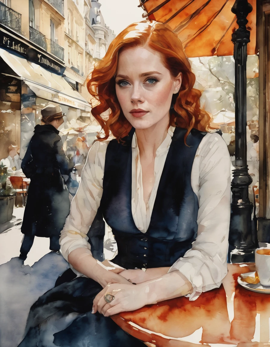 Watercolor by Helene Binet {((Malin Åkerman/Amy Adams/Christina Hendricks)) 1889 Paris, France} highly detailed, (((dynamic pose))), Street Cafe, perfect composition, artstation, concept art, sharp focus, illustration, Victo Ngai