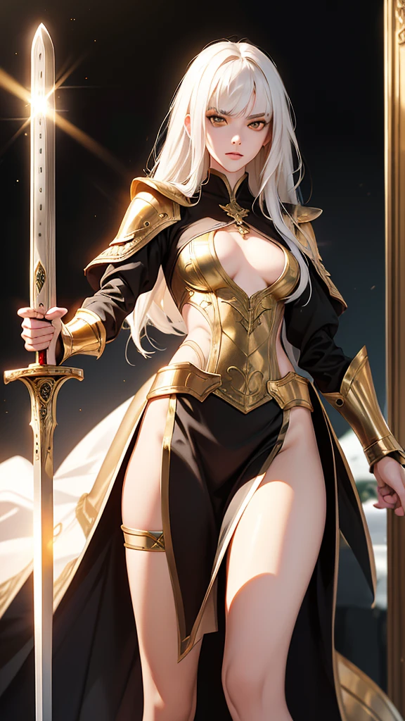 （lifelike， high - resolution：1.3）， 1 girl with a slender body， slender body, Super fine face and eyes，( golden color eyes), smokey look, annoyed, full lips,  tall girl,  pale skin, dark makeup, shiny skin， blunt bangs, very long white hair, (ebony armor, small breasts,  gold trim)，small breasts,, (gauntlets, thigh high greaves, intricate curved sword, gold trim) , wielding sword, shiny skin, narrow hips, skinny, flat chest

