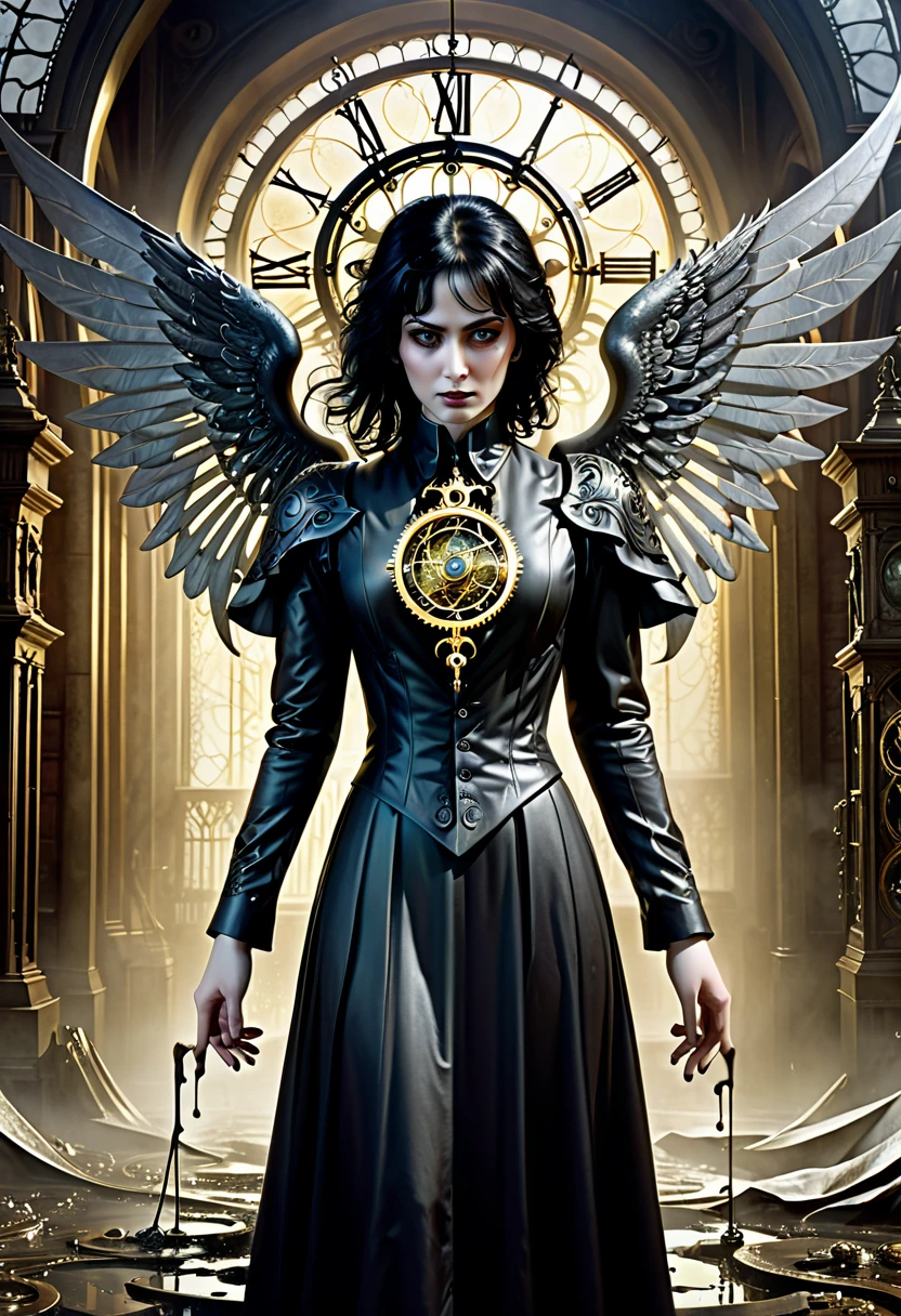 Clockwork angel, Melting moment,The Wicked Occult Order, hyper detailed, Artstation and horror art, matte painting --aspect 8:13