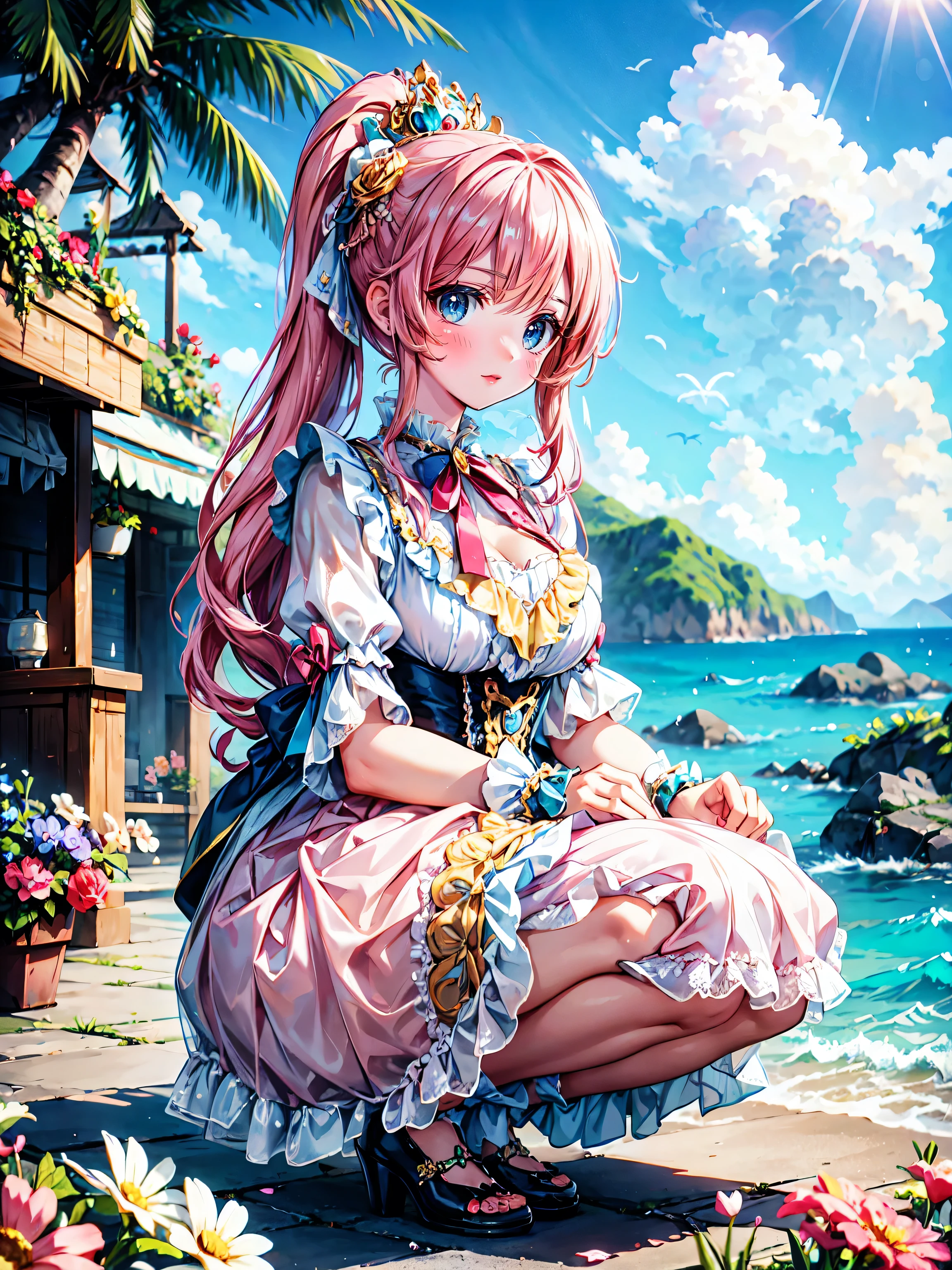 anime moe art style, ((Masterpiece, ultra detailed, exquisite quality)), (((young face solo princess))), (dress light yellow dress), (((ultra elaborate gorgeous rococo victorian gown with voluminous hoopskirt and long hems and lot of frills and pleats dense lace and cute ribbon, princess style skirt, ultra lovely gown))), (((hair pink hair))), ((fluffy long ponytail)), (Expressive very voluminous hair), ((huge breasts)), breasts cleavage, (((squatting, front view))), super delicate face, kawaii face, (hyper detail delicate eyes, hyper beautiful eyes), (eyes blue eyes), (((So lot's of colorful flowers, ocean view:1.3))), ((face focus, eyes focus, blurry background:1.5)), (isometric 3D, octane render:1.5), particle effect,