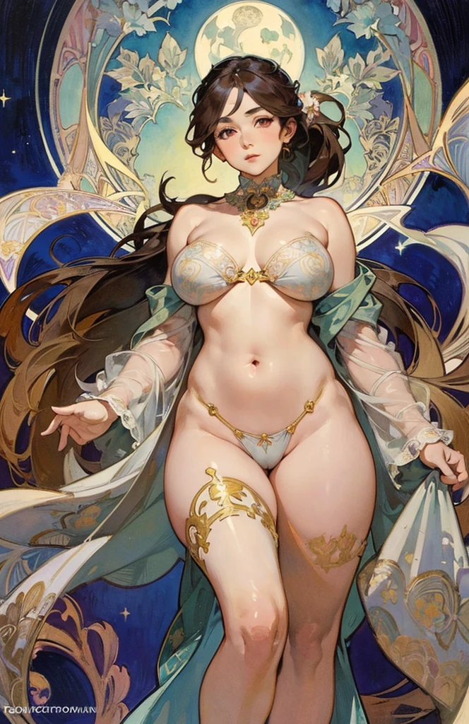 ((masterpiece)), (Highest quality), (work), Art Nouveau watercolors , Moon Goddess , Big Breasts，Robe，String，Show me your neck，Bare shoulders，Showing your belly button，Camel toes are exposed，Big eyes, length, Thick eyelashes, Fuller lips, Dark red eyes, hair length and thick, High Ponytail, Chubby, Floral_background, Intricate designs and patterns in the style of Alphonse Mucha.From the butt