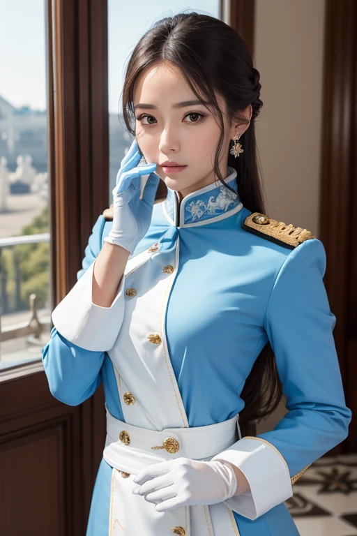 female royal guard, Wearing a sky blue long sleeve blouse and white gloves