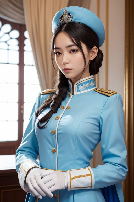 female royal guard, Wearing a sky blue long sleeve blouse and white gloves