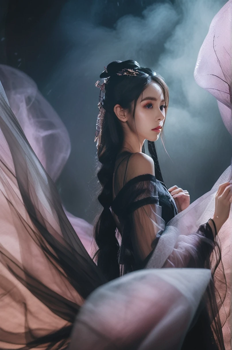 Ultra high quality, 8K, Super detailed, Dark Fantasy Art Film Photos, girl in tulle skirt,eye contact, dark, moody, dark fantasy style, beautiful lights, great composition