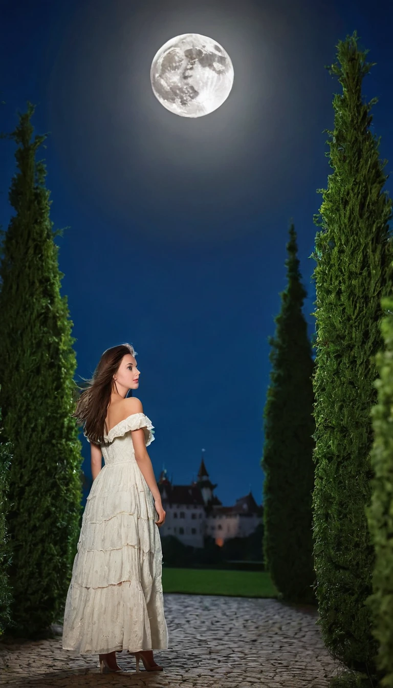 Full Moon Night,Brunette girl walking in the castle garden