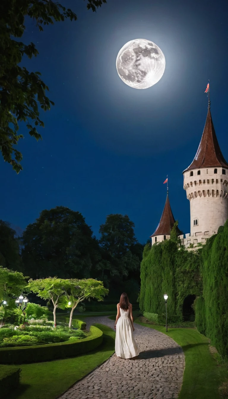 Full Moon Night,Brunette girl walking in the castle garden