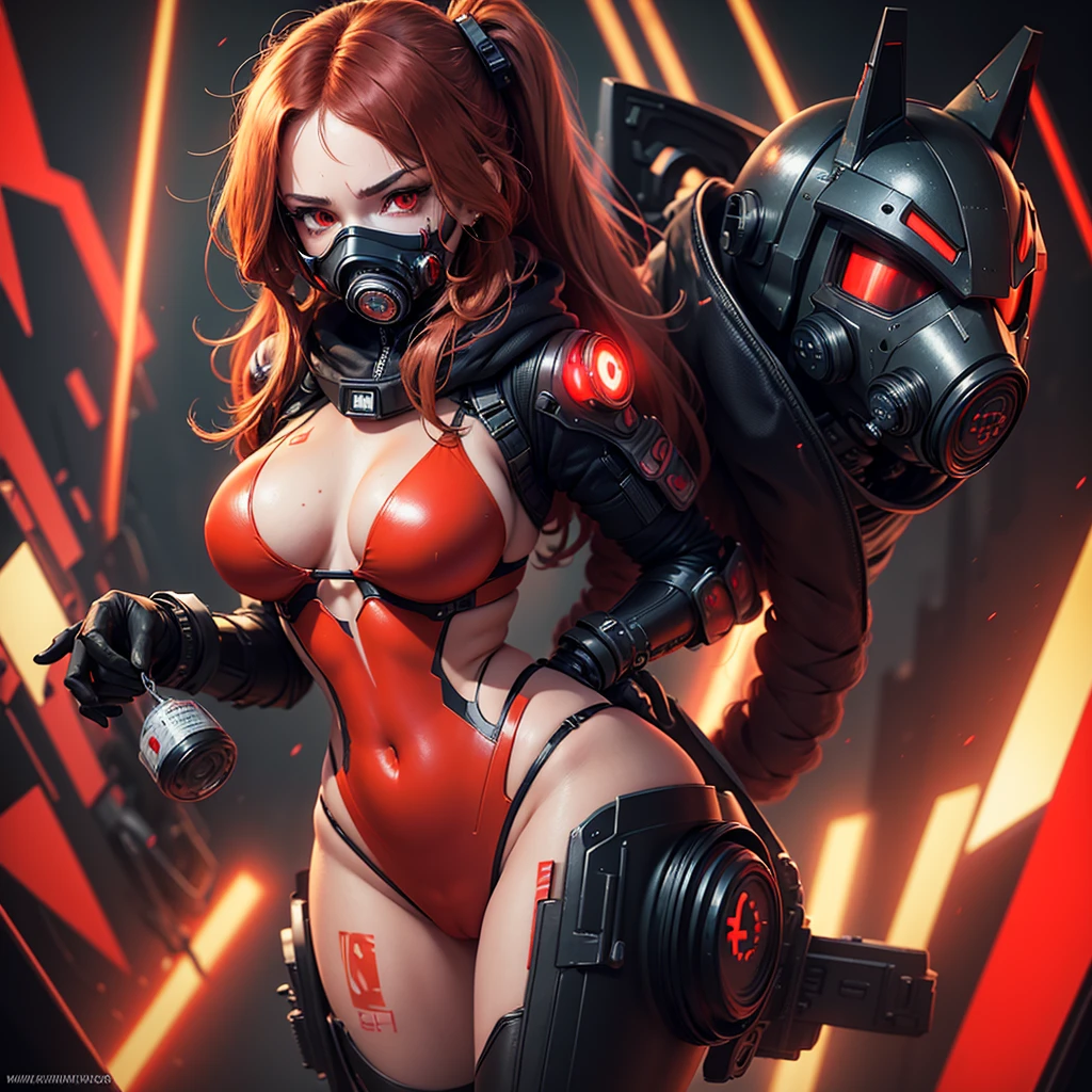 1 lonely girl with a mask respirator gas mask on half her face fur half cyborg stands half sideways in a half turn she has a chic figure and big hips she has rich red long hair and red eyes and a black android suit with red elements dark background image cyberpunk mechanisms and red lights dark background space red planets lights
